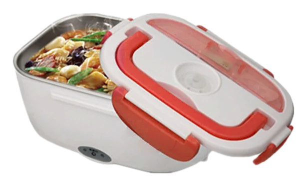 Gamelle chauffante 12/24 V ouverte des 2 Packs Coupure, bac inox rempli d’un plat chaud